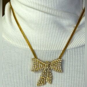 Vintage 80’s gold tone herringbone rhinestone bow necklace 17”